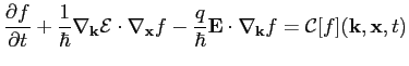 $\displaystyle \frac{\partial f}{\partial t} +\frac{1}{\hbar} \nabla_{{\bf {k}}}...
...ar} {\bf {E}} \cdot \nabla_{{\bf {k}}} f = {\cal{C}}[f] ({\bf {k}},{\bf {x}},t)$