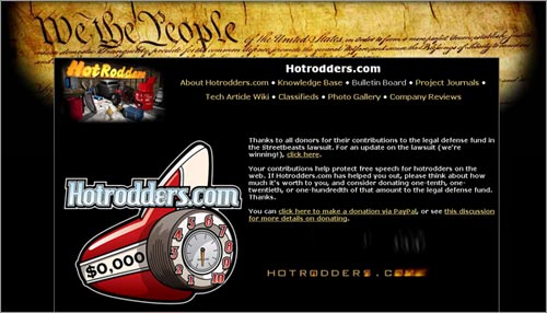 Hotrodders.com Street Beasts Lawsuit Donations Page Design