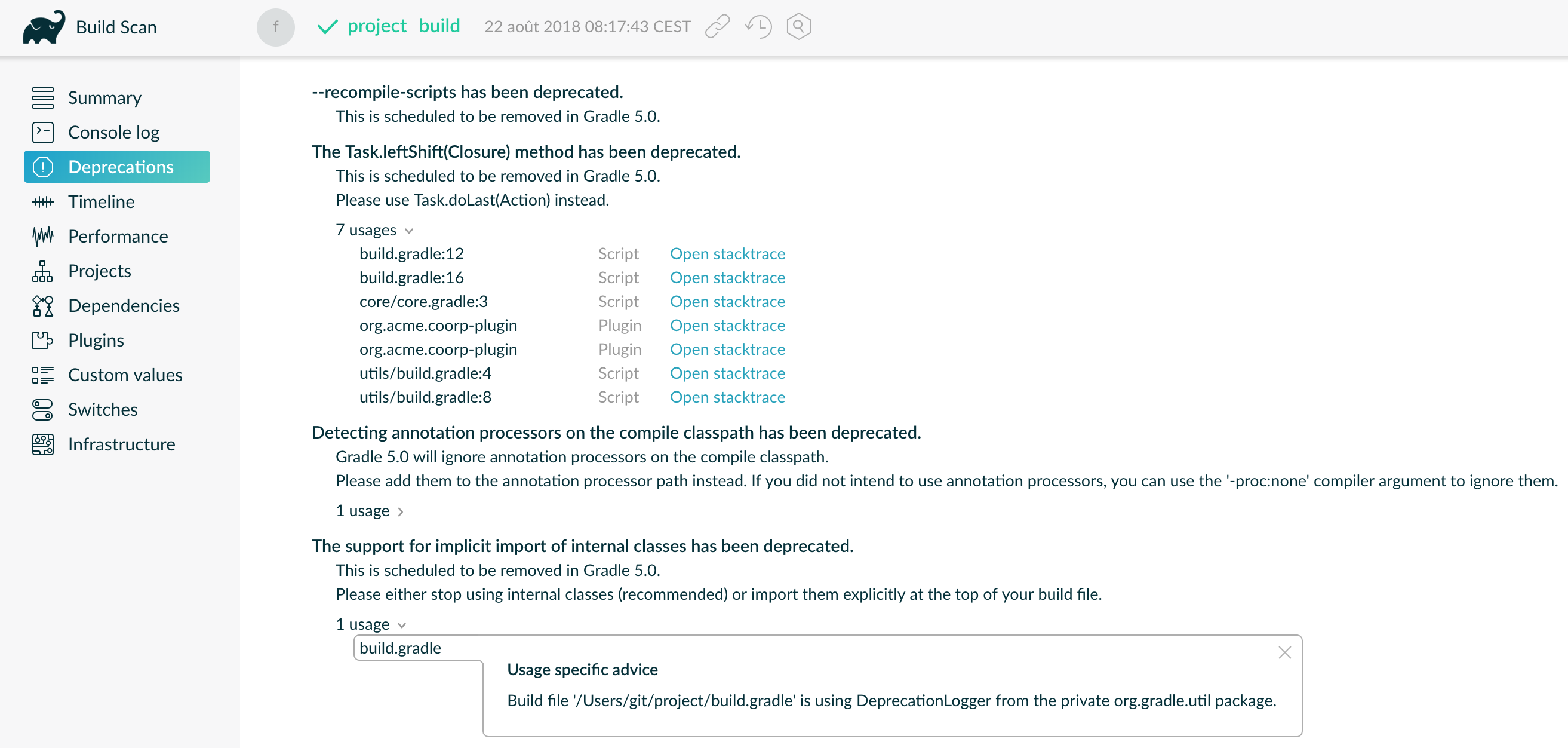 Deprecations View of a Gradle Build Scan