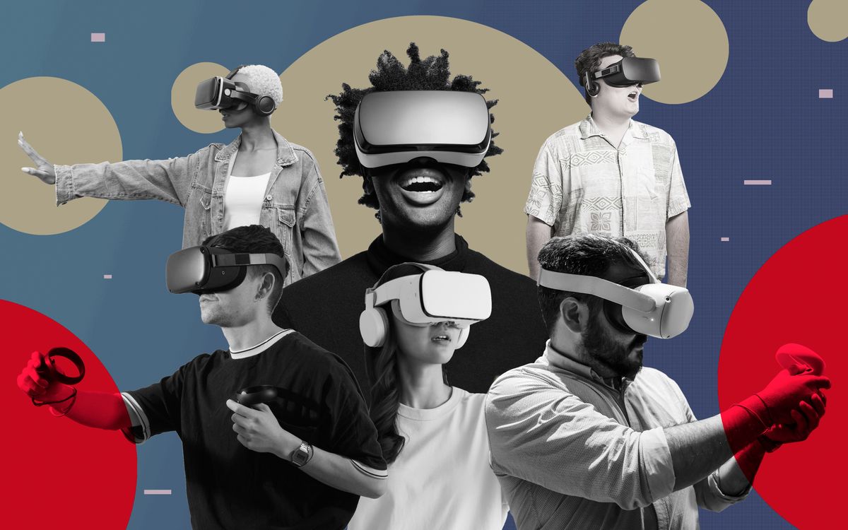 Collage of six people with VR headsets and accesories.