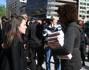 MoveOn member Maria Roach delivering a petition for justice for Trayvon Martin to the U.S. Department of Justice in Washington, D.C.