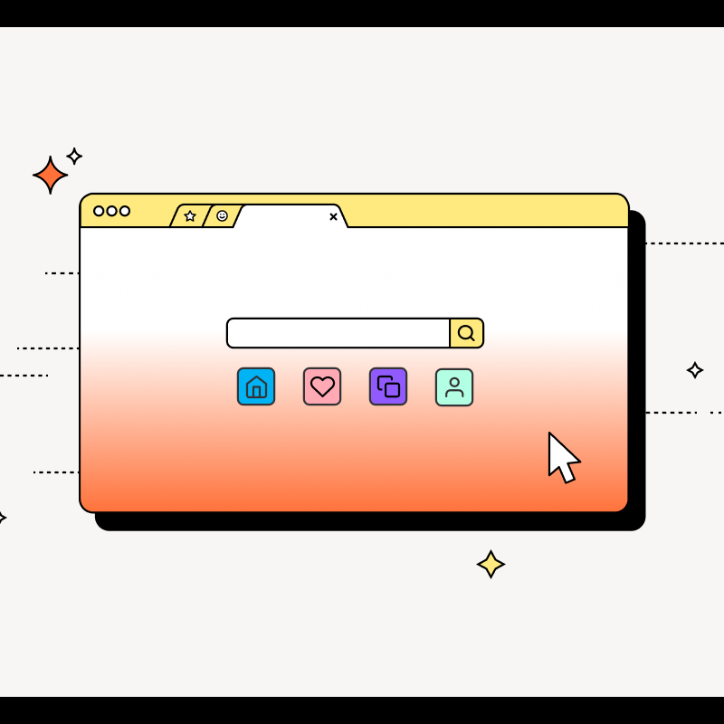 Illustration of a minimalistic web browser interface with a search bar and icons for home, favorites, collections, and user profile, depicted with vibrant colors and clean lines."