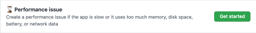 Screenshot of file a "Performance issue" template on GitHub