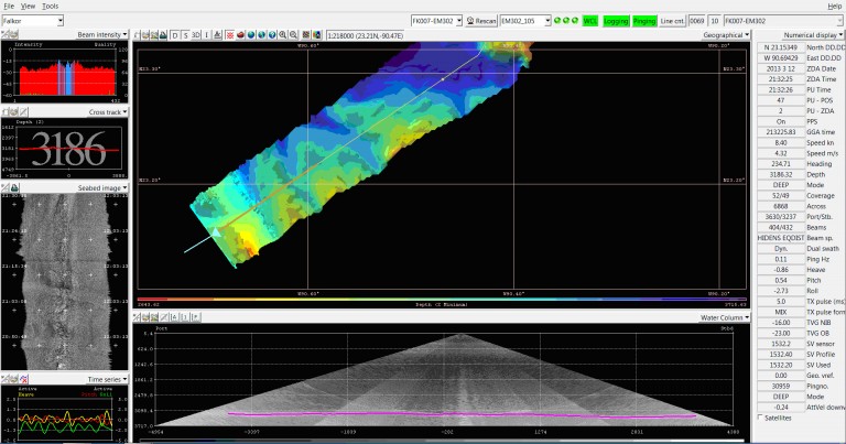 This screenshot image of R/V Falkor EM302 multibeam echo sounder data processing software shows canyons and ridges extending from the Campeche Escarpment.  This is the first mapping pass of R/V Falkor along the base of the Escarpment, and this data will determine where the ship will operate as it traverses the Escarpment in the opposite direction. 