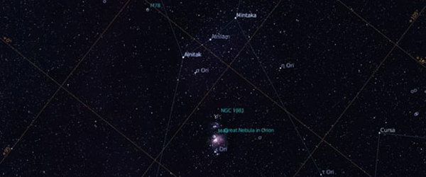 The great nebula in Orion. Press N to bring up the nebula labels. Also shown are constellation lines, press C to show or hide them.