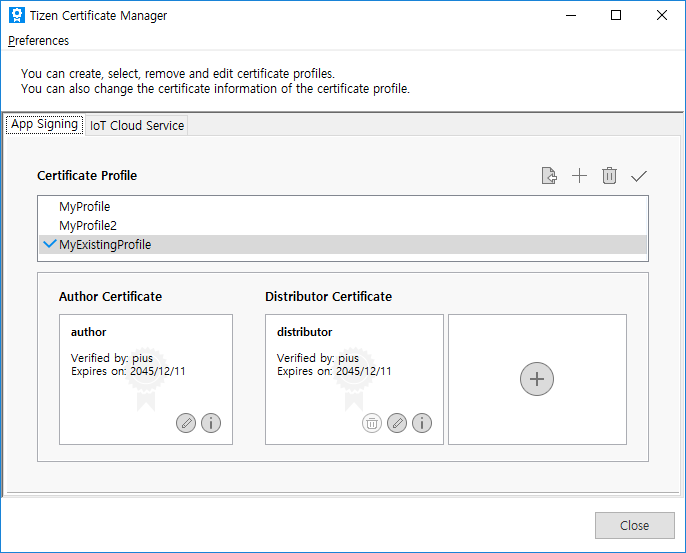 Select an existing author certificate