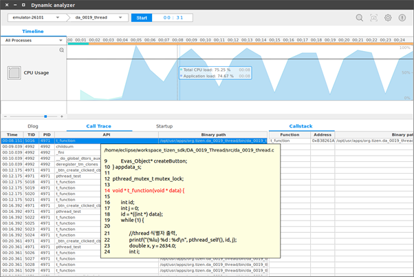 Timeline CPU chart and Call Trace table