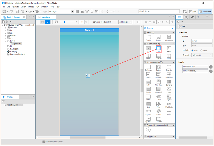 Drag a grid UI component from thePalette