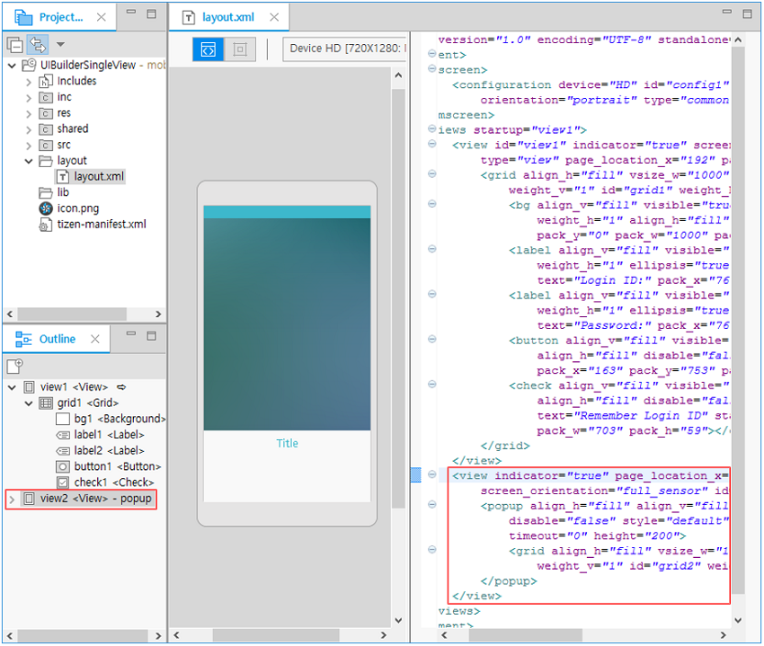 View in the Outline view and Sourcetab