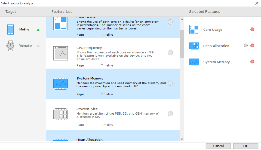 Feature selection dialog