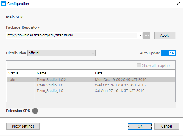 Configuration window with the Package Repository selected