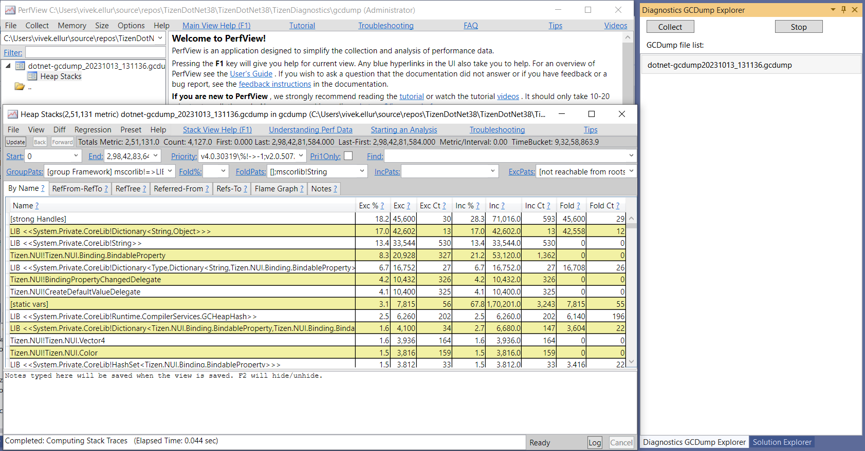 gcdump PerfView analysis view