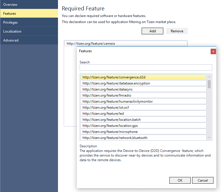 Editing the feature element in the Manifest Editor