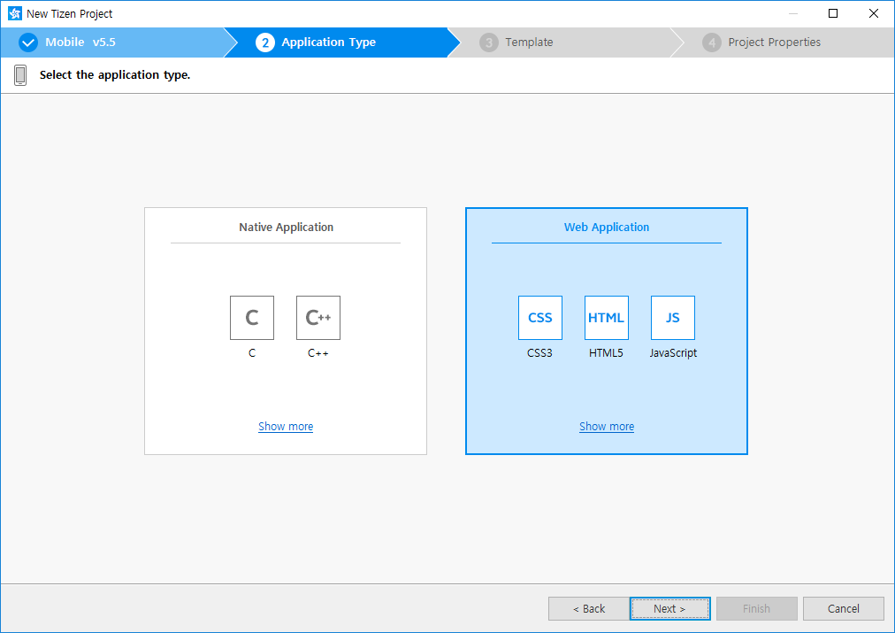 Selecting the application type