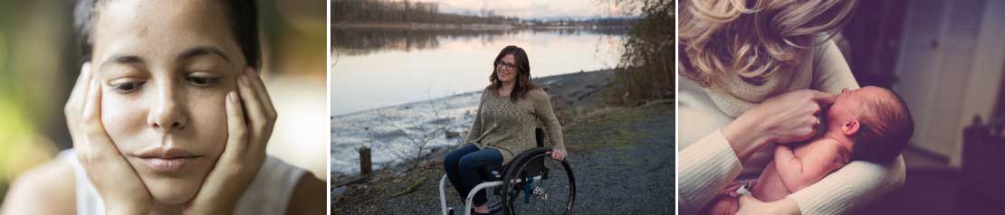 femme-triste, femme-en-fauteuil-roulant, femme-portant-son-bebe