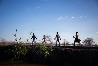 Men, women and children can be seen walking against the backdrop of an open sky.