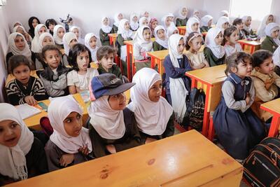 Students in a classroom renovated by the OCHA-managed Yemen Humanitarian Fund at Al Hussein School in Amran, Yemen.