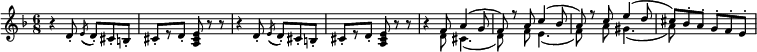 
  \new Staff \with { midiInstrument = "fx 1 (rain)" \magnifyStaff #5/7 }
  \relative d' { 
    \set Score.tempoHideNote = ##t
    \key d \minor
    \time 6/8
    \tempo 4. = 84
     r4 d8-. \acciaccatura e (d-.) cis-. b-. cis-.[ r d-.] <a cis e> r r r4 d8-. \acciaccatura e (d-.) cis-. b-. cis-.[ r d-.] <a cis e> r r r4
     << { 
      \voiceOne
       f'8 a4 (g8 f)
      } \new Voice { 
      \voiceTwo
       d8 cis4. (d8)
      } 
    >> r8 << { 
      \voiceOne
       a'8 c4 (bes8 a)
      } \new Voice { 
      \voiceTwo
       f8 e4. (f8)
      } 
    >> r8 << { 
      \voiceOne
       c'8 e4 (d8 cis)
      } \new Voice { 
      \voiceTwo
       a8 gis4. (a8)
      } 
    >>
   bes-. a-. g-. f-. e-.
  }
  \layout {
    \context {
      \Score
      \override SpacingSpanner.base-shortest-duration = #(ly:make-moment 1/16)
    }
  }
