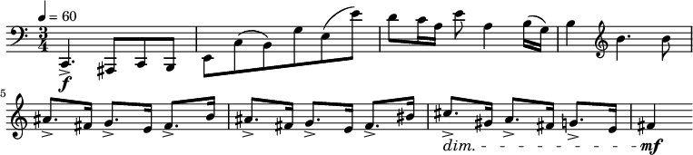 
  \relative c { \clef bass \time 3/4 \key c \major \tempo 4 = 60 c,4.->\f ais8 c b | e c'( b) g' e( e') | d c16 a e'8 a,4 b16( g) | b4 \clef treble b'4. b8 | ais8.-> fis16 g8.-> e16 fis8.-> b16 | ais8.-> fis16 g8.-> e16 fis8.-> bis16 | cis8.->\dim gis16 a8.-> fis16 g8.-> e16 | fis4\mf }
