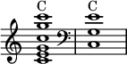 
  \new Staff \with { \remove "Time_signature_engraver" }
   { 
   \relative c' { <c e g c g' c>1^\markup{C} \clef "bass" <c, g' e'>^\markup{C} }
  }
