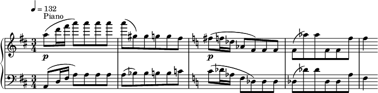 
{  \new PianoStaff << \new Staff \relative c'' { \clef treble \time 3/4 \key d \major \tempo 4 = 132 a'8(\p^"Piano" d16 fis a8) a a a | a( gis,) gis g g fis | \key c \major fis(\p f16 des aes8 f) f f | f( aes') aes f, f f' | f4 }
   \new Staff \relative c' { \clef bass \key d \major \time 3/4 a,8( d16 fis a8) a a a | a( bes) bes b b c | \key c \major c( des16 aes f8 des8) des des | des( des') des des, des a' | f4 } >> }
