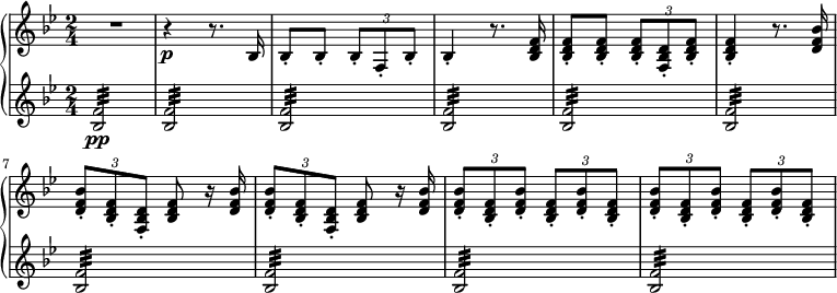 
{ \new PianoStaff <<
\new Staff \relative bes { \set Staff.midiInstrument = #"piano" \key bes \major \clef treble \time 2/4 \set Score.tempoHideNote = ##t \tempo 4 = 126
  R2 | % 2
  r4 \p r8. bes16 | % 3
  bes8 -. bes8 -. \once \override TupletBracket #'stencil = ##f
  \times 2/3  {
    bes8 -. f8 -. bes8 -.
  }
  | % 4
  bes4 -. r8. <bes d f>16 | % 5
  <bes d f>8 -. <bes d f>8 -. \once \override TupletBracket #'stencil
  = ##f
  \times 2/3  {
    <bes d f>8 -. <f bes d>8 -. <bes d f>8 -.
  }
  | % 6
  <bes d f>4 -. r8. <d f bes>16 | % 7
  \once \override TupletBracket #'stencil = ##f
  \times 2/3  {
    <d f bes>8 -. <bes d f>8 -. <f bes d>8 -.
  }
  <bes d f>8 r16 <d f bes>16 | % 8
  \once \override TupletBracket #'stencil = ##f
  \times 2/3  {
    <d f bes>8 -. <bes d f>8 -. <f bes d>8 -.
  }
  <bes d f>8 r16 <d f bes>16 | % 9
  \once \override TupletBracket #'stencil = ##f
  \times 2/3  {
    <d f bes>8 -. <bes d f>8 -. <d f bes>8 -.
  }
  \once \override TupletBracket #'stencil = ##f
  \times 2/3  {
    <bes d f>8 -. <d f bes>8 -. <bes d f>8 -.
  }
  |
  \once \override TupletBracket #'stencil = ##f
  \times 2/3  {
    <d f bes>8 -. <bes d f>8 -. <d f bes>8 -.
  }
  \once \override TupletBracket #'stencil = ##f
  \times 2/3  {
    <bes d f>8 -. <d f bes>8 -. <bes d f>8 -.
  }
  }
\new Staff \relative bes { \set Staff.midiInstrument = #"piano" \key bes \major \clef treble \time 2/4
  <bes f'>2 \pp :32| % 2
  <bes f'>2 :32 | % 3
  <bes f'>2 :32 | % 4
  <bes f'>2 :32 | % 5
  <bes f'>2 :32 | % 6
  <bes f'>2 :32 | % 7
  <bes f'>2 :32 | % 8
  <bes f'>2 :32 | % 9
  <bes f'>2 :32 | \barNumberCheck #10
  <bes f'>2 :32 }
>> }
