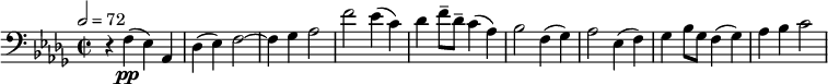 
  \relative c { \clef bass \time 2/2 \key des \major \tempo 2 = 72 r4 f(\pp ees) aes, | des( ees) f2~ | f4 ges aes2 | f' ees4( c) | des f8-- des-- c4( aes) | bes2 f4( ges) | aes2 ees4( f) | ges bes8 ges f4( ges) | aes bes c2 }
