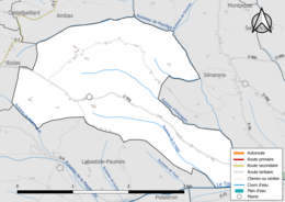 Carte en couleur présentant le réseau hydrographique de la commune