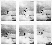 six shots of a MiG, showing the pilot bailing out