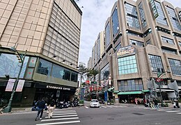 A pair of typical chamfrered corner buildings in central Taichung.