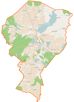 Mapa konturowa gminy Prabuty, w centrum znajduje się punkt z opisem „Raniewo”