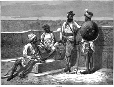 Hindistan'da bir askerî kalede Rajputlar: Galler Prensi Albert Edward Wettin (sonraları VII. Edward)'in, Hindistan ziyaretini kutlamak için Illustrated London News tarafından basılan seriden. "Azgın savaşçılar" olarak bilinen Rajputlar, hem Birleşik Krallık sömürgesi oldukları dönemde hem de bağımsızlıktan sonra Hindistan Cumhuriyeti döneminde silahlı kuvvetlerinin önemli bir parçası olarak görev yaptılar (12 Şubat 1876). (Üreten: Belli değil, Illustrated London News)