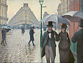 Image 6 Paris Street; Rainy Day Painting: Gustave Caillebotte Paris Street; Rainy Day (1877) is the best known painting by the French artist Gustave Caillebotte. This large oil painting shows a number of figures walking through the Carrefour de Moscou, a road intersection to the east of the Gare Saint-Lazare in north Paris. It was first shown at the Third Impressionist Exhibition of 1877, and is currently owned by the Art Institute of Chicago. More selected pictures