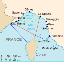 El mar Lígur: en vermell els límits d'acord amb l'IHO; en blau els límits d'acord amb l'Istituto Idrografico della Marina