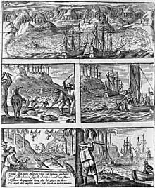 Engraving showing scenes of Dutch killing animals on Mauritius, including dodos