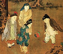 A Song dynasty painting by Su Hanchen (c. 1130–1160), depicting Chinese children playing cuju