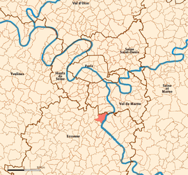 Location (in red) within Paris inner and outer suburbs