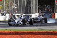 Image 20 2008 Australian Grand Prix Photo credit: Fir0002 Nick Heidfeld and Nico Rosberg at corner 6 of the 2008 Australian Grand Prix, during one of the race's safety car periods. This first race of the 2008 Formula One season was won by McLaren-Mercedes driver Lewis Hamilton. Heidfeld and Rosberg finished second and third, respectively. More selected pictures