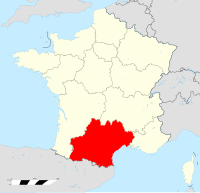 Окситания аймағы белгіленген Франция картасы