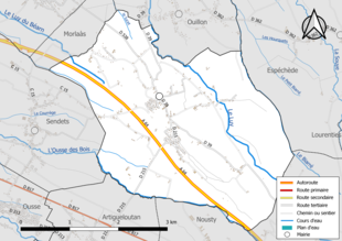 Carte en couleur présentant le réseau hydrographique de la commune