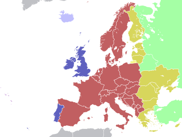 Same map, but extends further to the west, showing the archipelagos of Azores and Madeira