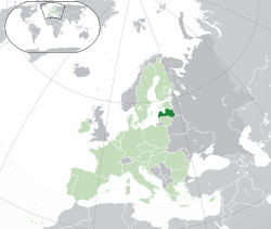 Ibùdó ilẹ̀  Látfíà  (dark green) – on the European continent  (light green & dark grey) – in the European Union  (light green)  —  [Legend]