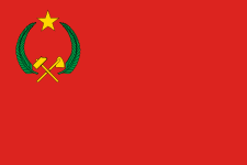 Flag of the People's Republic of the Congo (1970–1991). Red symbolises the revolution, the star represents communism, while hammer and hoe symbolise workers.