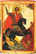 Red was the traditional color of martyrs. A Russian icon of Saint George (14th c.).