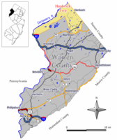 Location of Hardwick Township in Warren County highlighted in yellow (right). Inset map: Location of Warren County in New Jersey highlighted in black (left).