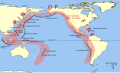 Image 48A Ring of Fire; the Pacific is ringed by many volcanoes and oceanic trenches. This map does not show the Cascadia Subduction Zone along part of the west coast of North America, whose trench is completely buried in sediments. (from Pacific Ocean)