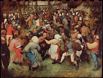 The Wedding Dance (1566), by Pieter Bruegel the Elder. In Renaissance Flanders, people of all social classes wore red at celebrations. The dye came from the root of the madder plant, which tended toward orange.