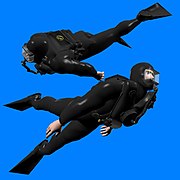 CGI image of 2 divers swimming with CDBA British armed forces rebreathers with Admiralty pattern full face masks