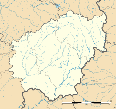 Mapa konturowa Corrèze, po prawej nieco u góry znajduje się punkt z opisem „Ussel”