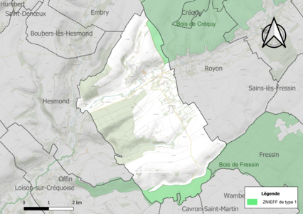 Carte des ZNIEFF de type 1 sur la commune.